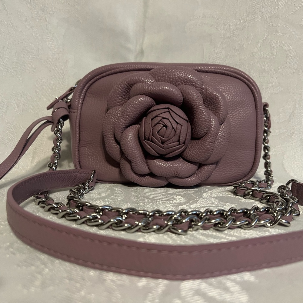 Brighton “Rosie” lavender pebbled leather crossbody bag with rose embellishment
